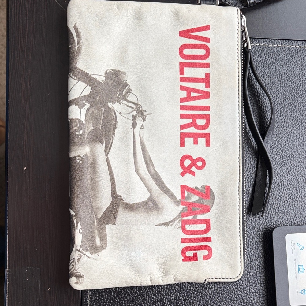 Zadig and Voltaire white leather clutch bag black white woman motorcycle logo - Picture 1 of 11